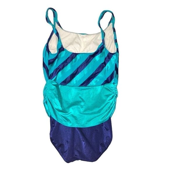 Vintage Robby Len Sz 16 Teal Blue Green One Piece Swimsuit Striped Bathing Suit - Picture 2 of 6